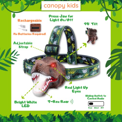 CANOPY KIDS DINOSAUR LED HEADLAMP, Rechargeable T-Rex Toy Animal Headlamp, Light-up Eyes, Adjustable Head Strap, One-size Fits All, Boys And Girls Over 3 Years, Perfect For Camping, Hiking, Reading and Parties