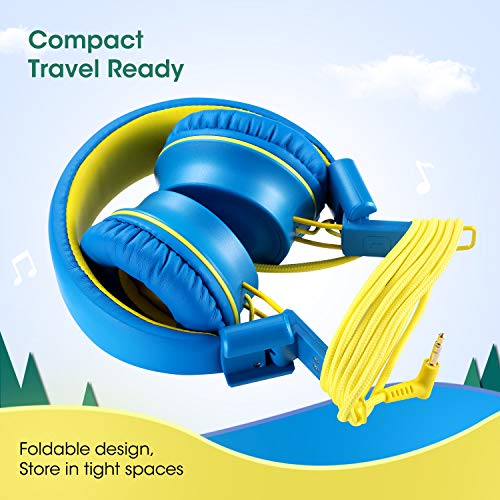 Kids Headphones-noot products K33 Foldable Stereo Tangle-Free 3.5mm Jack Wired Cord On-Ear Headset for Children/Teens/Boys/Girls/Smartphones/School/Kindle/Airplane Travel/Plane/Tablet (Electric Blue)