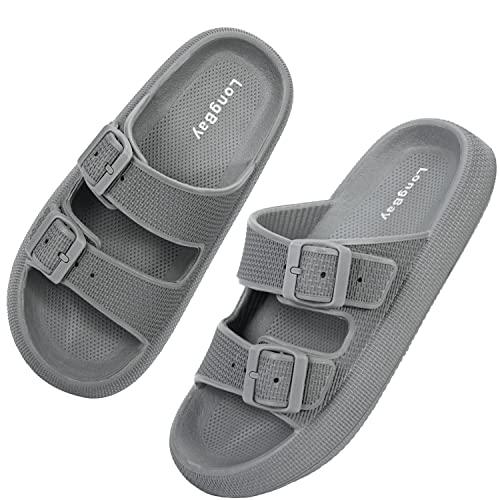 LongBay Women Men Double Buckle Adjustable EVA Slide Slippers Cloud Pillow Sandals (Dark Gray, 5-6 Women/3-4 Men）