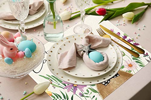 Happy Easter Bunny Placemats Set of 4,12x18 Inch Cute Rabbit with Flowers Heat-Resistant Place Mats,Seasonal Table Decors for Farmhouse Kitchen Dining Holiday Party