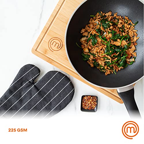MasterChef Oven Mitts Heat Resistant, Pair of 2 Cooking Gloves, Cotton Oven Mittens, Kitchen Gloves With Vegan PU Leather Logo & Hanging Loop, Machine Washable, Black, One Size Fits All