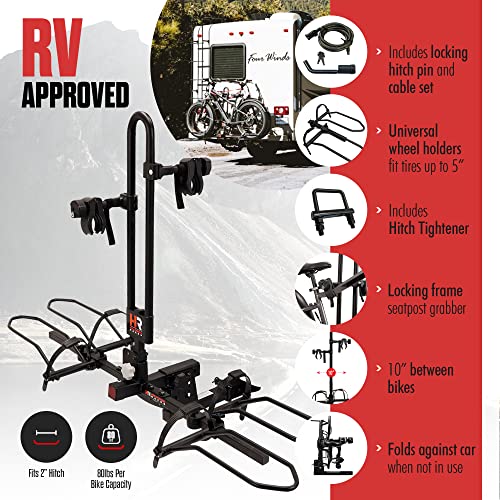 Hollywood Racks RV Rider Hitch Bike Rack for 2 E-Bikes up to 80 lbs Each - Premium Electric Bike Rack for RV, Fifth Wheel, Flat Towed Vehicle - Durable EBike Rack for Standard and Fat Tire Bikes