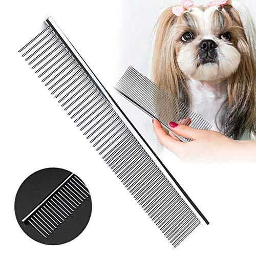 [2 Pack] HEYUS Pet Grooming Comb, Stainless Steel Pet Grooming Massaging Kit Dog Comb Steel Comb Pin Comb Dog Shedding Combs with Different Spaced Teeth Silver