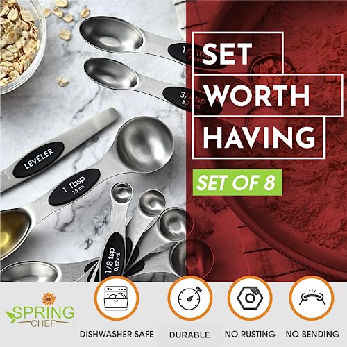 (Magnetic) - Spring Chef Magnetic Measuring Spoons Set, Dual Sided, Stainless Steel, Fits in Spice Jars, Set of 7