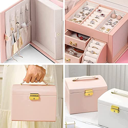 Jewelry Organizer Box Large-capacity Storage 3 Layer with Mirror and Lockable for Her Earrings Rings Bracelet Necklaces Girl and Woman Anniversary Mother's Day Valentines Gifts, TOJUNE (Pink)