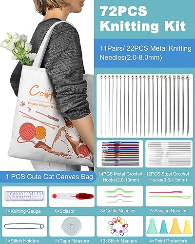 Coopay Knitting Kit 72PCS Knitting Needles Set for Beginners, Knitting Start Set Includes 9.8" Metal Knitting Beginners Set (2-10mm), Aluminum Crochet Hooks Set (0.6-10mm) & Knitting Accessories