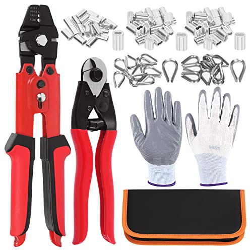 Swpeet 83Pcs Wire Rope Crimping Tool Set, Cable Crimps Up to 2.2mm and Cable Cutter Up to 5/32", 3 Size Aluminum Double Crimping Loop Sleeve, 2 Size Stainless Steel Thimble and Cut Resistant Gloves