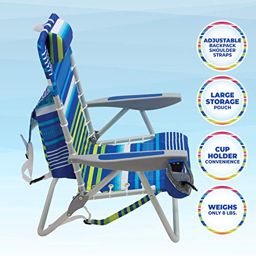 Rio Brands Beach 4-PRio Beach 4-Position Backpack Lace-Up Suspension Folding Beach Chair - Blue/Green Stripe, 24" x 24.75" x 33"