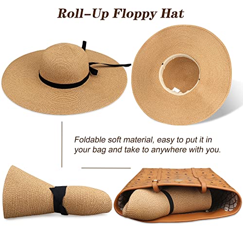Naivlizer Women Wide Brim Sun Hat UPF50 Straw Summer Hat Floppy Beach Hat  Roll-Up, Tie Brown, One Size