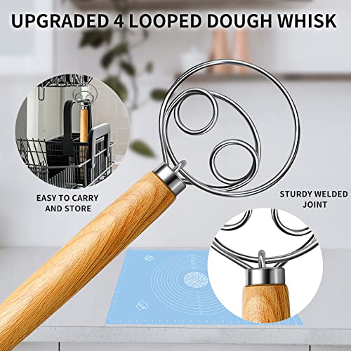 (More EFFICIENT) TeeVea Danish Dough Whisk Stainless Steel Dutch Style Bread Dough Hand Mixer Blender Wooden Handle Kitchen Baking Tools Artisian Blender