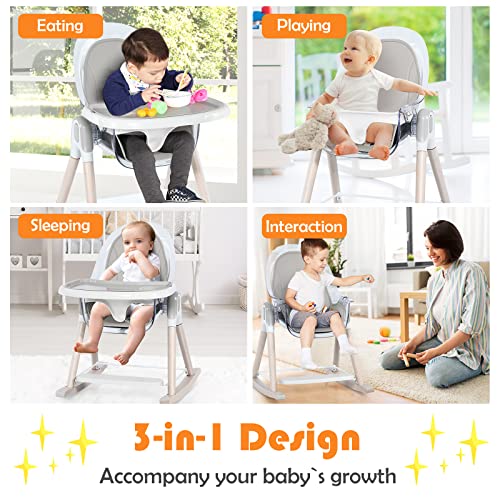 BABY JOY 3 in 1 Wooden Baby Highchair, Rocking Chair/Booster Seat/Toddler Chair Infant Dining Chairs w/Double Removable Tray, 3-Point Seat Belt & Removable Cushion (Gray)
