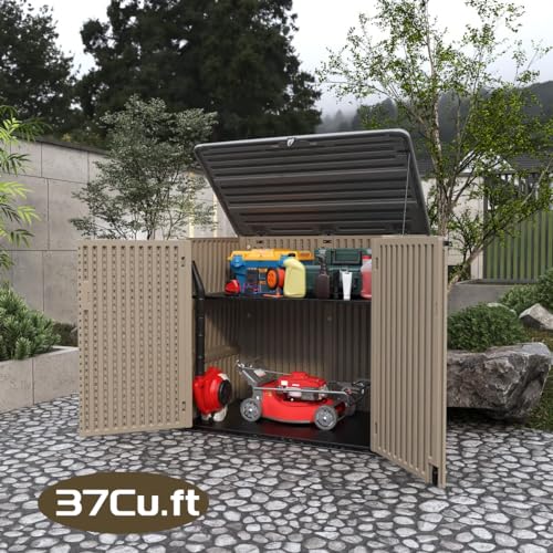 ADDOK 37 Cu. Ft Horizontal Large Outdoor Storage Sheds Resin Patio Storage Cabinet for Patio Furniture,Grill, Pool Toys and Gardening Tools. Brown with Grey Lid