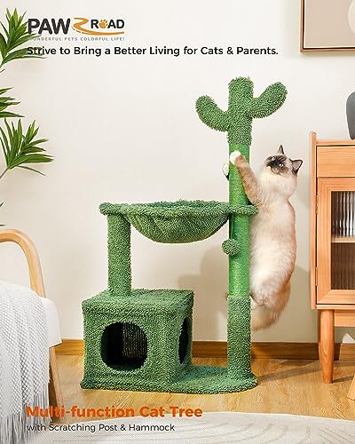 PAWZ Road Cactus Cat Tree 102cm Cat Tower Cat Scratching Post with Cat Condo, Large Hammock and Dangling Balls for Indoor Cats