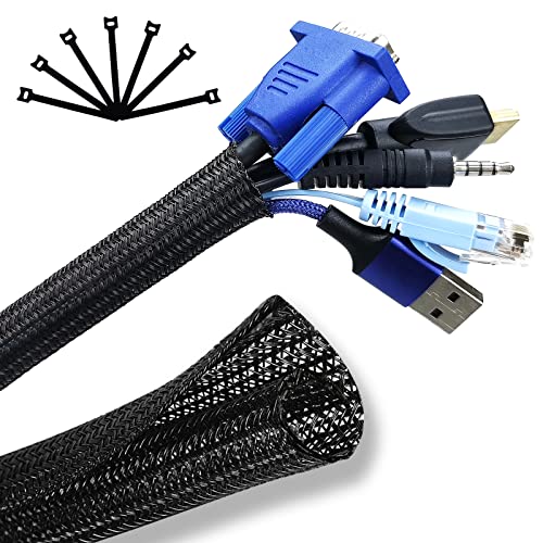 SONATURE Cable Management, 10ft - 1/2 inch Wire Loom, Self-Wrap Cable Organiser, Braided Cable Sleeve with 14 Reusable Cable Ties Included, Cord Organiser for TV/Audio/PC/Automobile at Home/Office