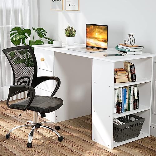 ADVWIN Simple Computer Desk with 3 Drawers Open Shelf Ample Storage Workstation 110 x 50cm Desk Top for Small Home Office Study Gaming Table, White