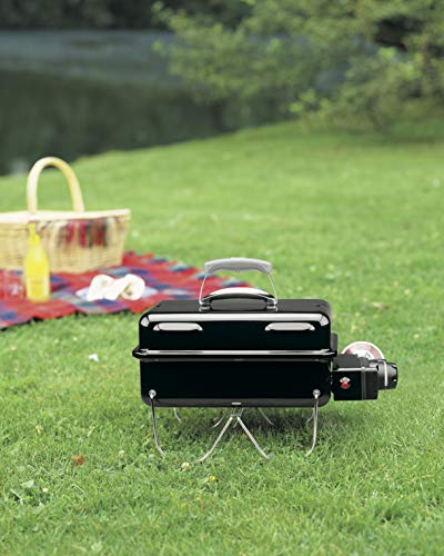 Weber Go-Anywhere Gas Barbeque Grill | Portable Gas BBQ Grill | Table Top Camping Barbeque with Lid | Porcelain-Enamelled Bowl | Small & Lightweight Deep Dish Outdoor Stove - Ivory (1125004)