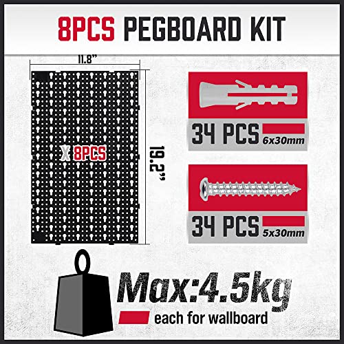 SEDY 8-Pack Pegboard Panel Set, with 81 Hanger Wall Mounted Tool Storage System, Workshop Tool Holder, Wall Hooks Tool Organizer, Utility Rack