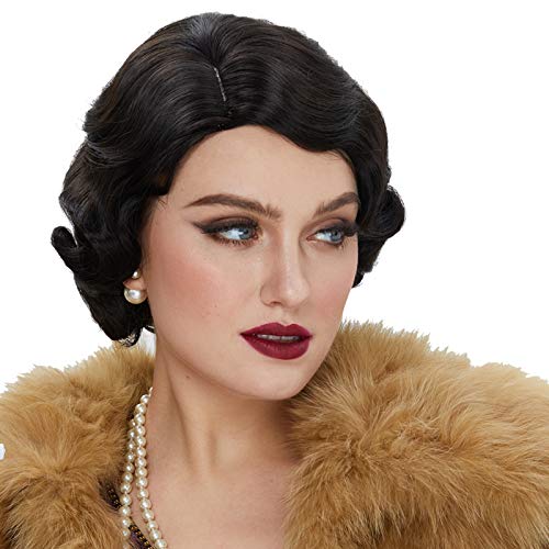 STfantasy 1920s Brown Retro Finger Wave Wigs Long Curly Natural Wavy Synthetic Wig for Women Daily Costume Party (Black)