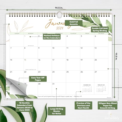 18 Month Wall Calendar Jan 2024 Until June 2025 - Greenery Wall Calendar Monthly, 2024 Wall Calendar, 2024-2025 Wall Calendar, Monthly Wall Calendar for Wall, Calander for Wall, Monthly Calendar Wall