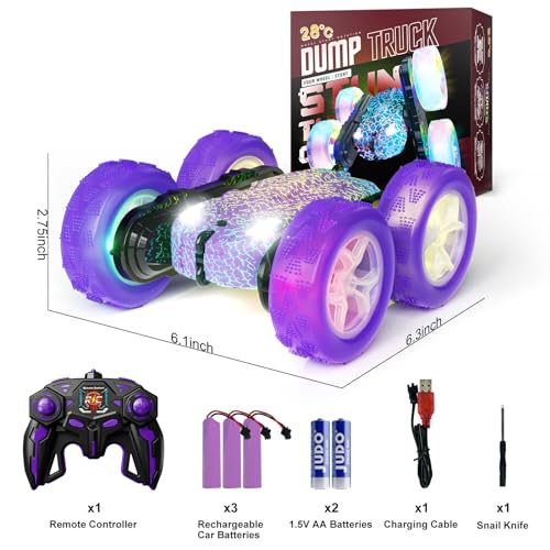 28℃ Remote Control Car Stunt RC Cars, 4WD Rechargeable RC Truck with Headlights Wheel Lights, Double Sided 360 Flips Stunt Toy Car for Kids Boys Girls 6 Year Old Christmas Birthday Gift (Purple)