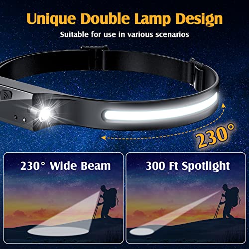 2PCS LED Headlamp Rechargeable, 230° Wide Beam Head Lamp with Red Light Option, 6 Modes Adjustable, Motion Sensor, IPX4 Waterproof Headlamp Flashlight Suitable for All Outdoor Activities and Daily Use