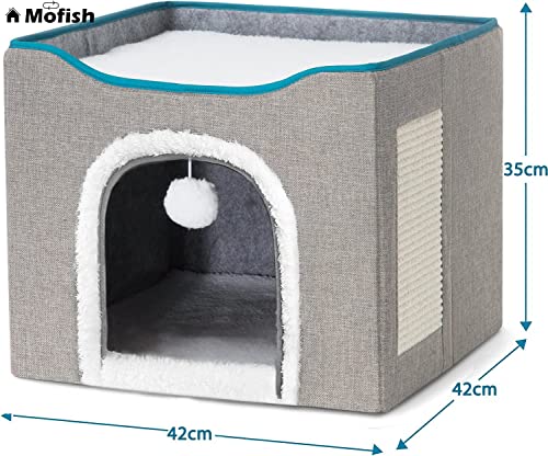 Mofish Cat Beds for Indoor Cats House,Large Pet Cat Cube House Foldable with Ball Hanging and Scratch Pad,Soft and Self Warming Cat Cando Cave & Furniture,Kitten Shelter with Warm Plush Bed (Grey)