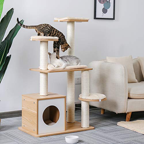 PAWZ Road Multi-Level Modern Cat Tree Full Wrapped Sisal-Covered Scratching Post Luxury Cat Towers Furniture with Large Condo 115CM（Beige）
