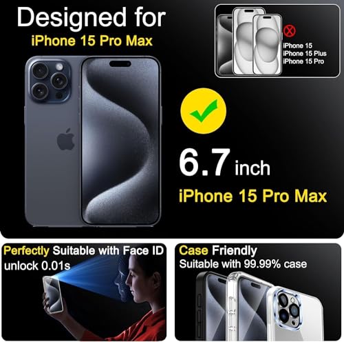 Ferilinso 4 Pack Screen Protector for iPhone 15 Pro Max with 4 Pack Tempered Glass Camera Lens Protector Phone Case Friendly Ultra Accessories Protector de Pantalla for Apple iPhone 15 Pro Max