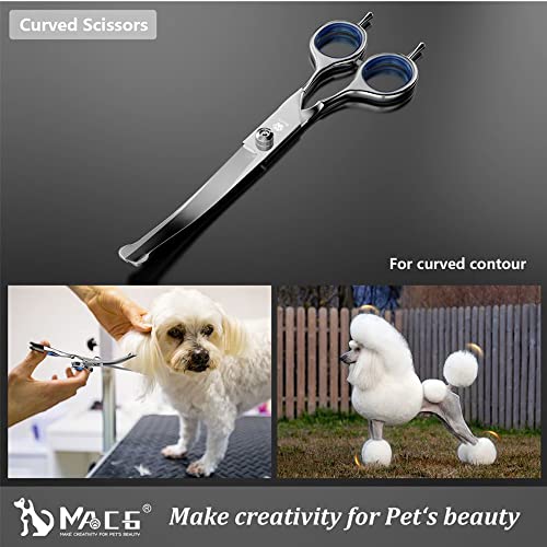 Professional Dog Grooming Scissors Kit with Safety Ronud Tip, MAOCG Twin-Tail Thinning, Curved, Shears for Dogs & Cats, Sharp and Durable, Suitable for Lefty and Righty