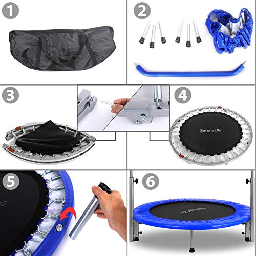 SereneLife Portable & Foldable Trampoline - 40" in-Home Mini Rebounder with Adjustable Handrail, Fitness Body Exercise - SLSPT409, Blue