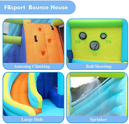 FBSPORT Inflatable Bounce House, Water Slide Park Slide Bouncer with Ball Shooting, Climbing Wall, Jumping and Splash Pool, Kids Bouncy Castle with 450W Air Blower for Outdoor Backyard