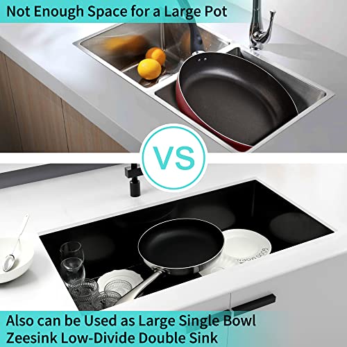 Zeesink Black Kitchen Sink 32" X 18",Double Bowl Kitchen Sink,Low Divide Undermount Kitchen Sink,Black Undermount Double Sink,50/50 Double Bowl 16 Gauge Stainless Steel Kitchen Sink