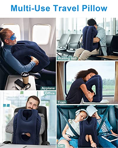 Inflatable Travel Pillow for Airplanes, Inflatable Neck Air Pillow for Sleeping to Avoid Neck and Shoulder Pain, Support Head, Neck and Lumbar, Used for Airplane, Car, Bus and Office (Blue)