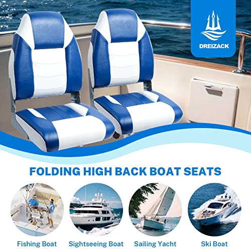 Dreizack Boat Seats 2 Packs, Folding High Back Fishing Waterproof Universal  Pontoon Boat Seat Bass Tracker Boat Chairs with Stainless Steel Screws,  Aluminum Hinges and Thickened Cushion, Blue&White02