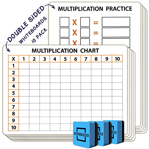 Pack of 10 Dry Erase Multiplication White Boards 9 x 12 Inch Small Lapboard l Durable Portable Double Sided Times Table Math Practice White Board for Kids Students, Classroom and Home