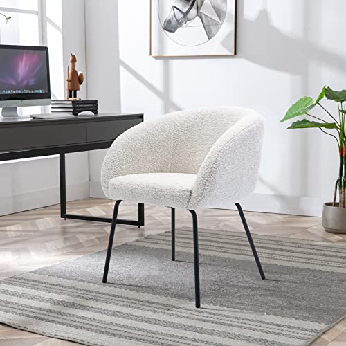 Zesthouse Modern Sherpa Chair Upholstered Barrel Chair with Metal Legs, Cute Makeup Vanity Chair Desk Chair No Wheels, Accent Armchair Comfy Leisure Sofa Chair for Living Dining Room Bedroom,White