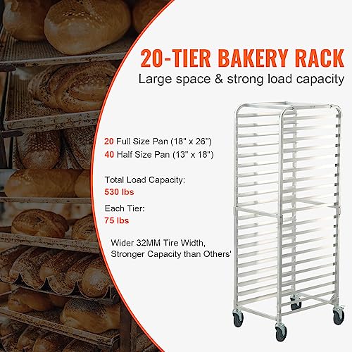 VEVOR Bun Pan Rack, 20-Tier Commercial Bakery Racks with Brake Wheels, Aluminum Racking Trolley Storage for Half & Full Sheet, Speed Rack for Kitchen Home, Bread Baking Equipment, 660x517x1767 mm