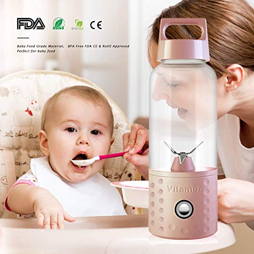 Portable Juice Blenders for Smoothie USB Rechargeable Mini Juicer Machines Extractor Household Fruit Mixer Small Cup 500ml Personal Travel Outdoors (Pink)