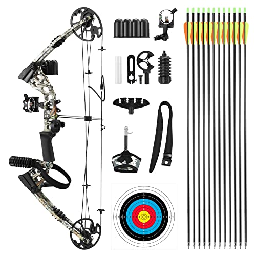 20-70lbs Compound Bow Arrow Set Archery Hunting Target Shooting RH Adjustable 320fps Masters Beginner Bow Kit,Outdoor Fishing,Camo