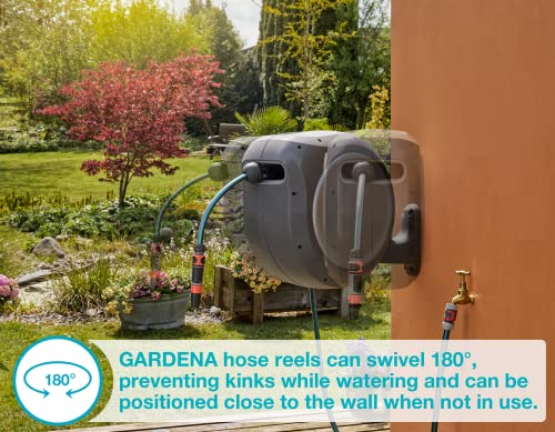 GARDENA 8055-100 Foot Wall Mounted Retractable Reel with Hose Guide, Automatic retraction for Easy Watering