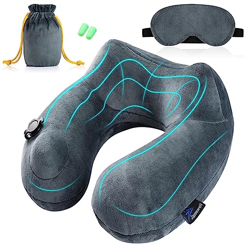 Jasonwell Inflatable Travel Pillow Loosens Neck Support Travel Neck Pillow Inflatable Airplane Long Flight Train car Office with Tote Bag and Sleeping Eye mask