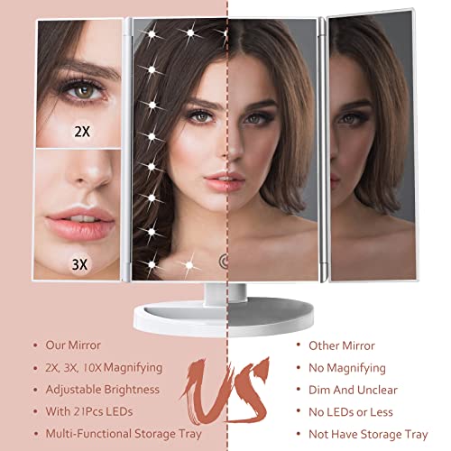 Makeup Mirror Vanity Mirror with Lights, 1x 2X 3X Magnification, Lighted Makeup Mirror, Touch Control, Trifold Makeup Mirror, Dual Power Supply, Portable LED Makeup Mirror, Women Gift
