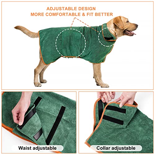 Dog Bathrobe Towel, Pet Drying Coat,Fast Drying Super Moisture Absorbent Dog Bathrobe Microfibre Towelling,Adjustable Collar and Waist Pet Dog Cat Bath Robe for Large,Medium,Small Dogs Green (M)