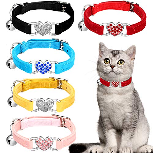 Weewooday 5 Pieces Heart Bling Cat Collar Soft Velvet Kitten Collar with Safety Bell and Love Heart Rhinestone Breakaway Buckle Adjustable for Kitty and Puppy (Black, Red, Blue, Pink, Yellow)