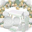 Sage Green Party Paper Plates Cups and Napkins Set, 24 Guest Green Party Supplies, Party Tableware with Balloon Arch,Tablecloth for Birthday, Baby Shower, Wedding, Jungle Safari Party Decoration