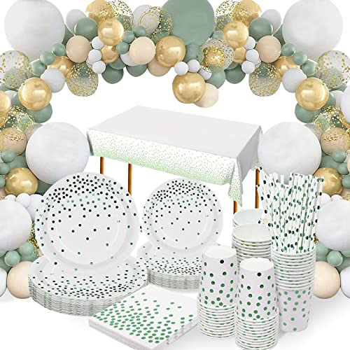 Sage Green Party Paper Plates Cups and Napkins Set, 24 Guest Green Party Supplies, Party Tableware with Balloon Arch,Tablecloth for Birthday, Baby Shower, Wedding, Jungle Safari Party Decoration