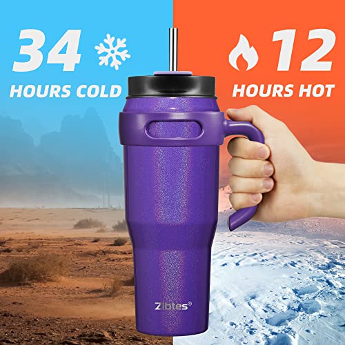 Zibtes 40oz Insulated Tumbler With Lid and Straws, Stainless Steel Double Vacuum Coffee Tumbler With Handle, Keeps Drinks Cold up to 34 Hours or Hot for 12 Hours(Glitter Purple 1 pack)
