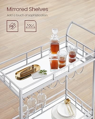 VASAGLE Bar Cart Silver, Home Bar Serving Cart, Wine Cart with 2 Mirrored Shelves, Wine Holders, Glass Holders, for Kitchen, Dining Room, Silver ULRC090E62, 15''Dx35.4''Wx33.9''H