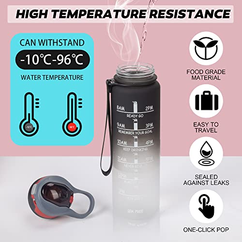 1L/32OZ Water Bottle,AIRABLE Motivational Water Bottle with Straw&Time Marker,Reusable Leakproof BPA Free WaterJug,Large Capacity Drinking Bottle for Fitness and Outdoor Enthusiasts Gradient Black