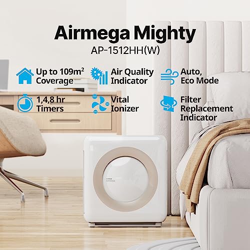 COWAY AIRMEGA MIGHTY AP-1512HH Air Purifier (White) - Removes up to 99.999 percent of harmful particles and pollutants for 109㎡ space*, USA Best air purifier by New York Times